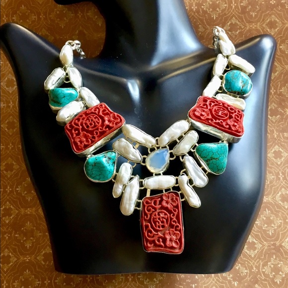 Artisan Jewelry - Astounding Cinnabar, Pearls, Turquoise Necklace